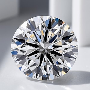 May include: A round brilliant cut gemstone with a clear, colorless appearance. The stone features numerous triangular and kite-shaped facets that create a complex pattern of light reflection, refraction, and sharp contrast between dark and light areas.