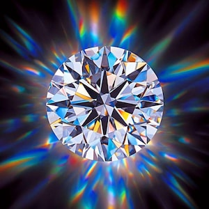 May include: A round brilliant cut gemstone with numerous triangular and kite-shaped facets. The stone is clear and colorless, reflecting light to create a vibrant, multi-colored prismatic starburst effect that radiates outward against a black background.