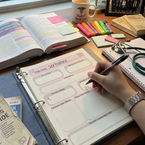 May include: A pharmacology study planner sheet inside a three-ring binder with the text Drug name: sertraline. The page features sections for drug class, mechanism of action, indications, routes of administration, dosing, interactions, and side effects.