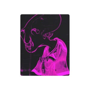 May include: A rectangular print featuring a stylized, neon pink graphic illustration of a figure with an elongated head and facial features, wearing a garment with a bow detail at the neckline, set against a solid black background with subtle texture.