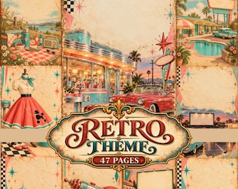 Peut inclure: Une collection de pages de scrapbooking présentant des images du milieu du siècle, dont un restaurant, une voiture rouge, une jupe caniche sur un mannequin, un ciné-parc et un pistolet laser. L'étiquette centrale affiche Retro Theme 47 Pages.