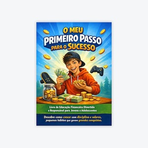 May include: A book cover titled O MEU PRIMEIRO PASSO PARA O SUCESSO featuring a smiling person in an orange hoodie holding paper money and coins. The background shows a skateboard, a game controller, and floating gold coins against a blue sky.