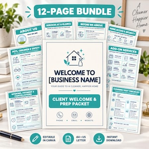 May include: A 12-page cleaning business welcome and prep packet bundle featuring teal and white informational sheets. The central document is titled Welcome to [Business Name] and includes sections for contact details, services, safety, and checklists.