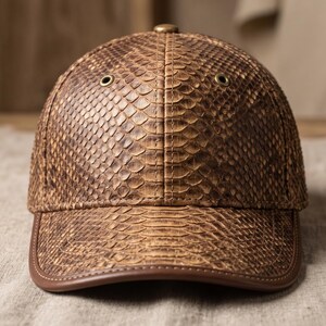 May include: A baseball cap featuring a brown snakeskin-textured pattern across the crown and brim. The cap includes a small metallic button at the top centre and circular metal eyelets on the side panels. The brim is finished with a smooth brown trim.