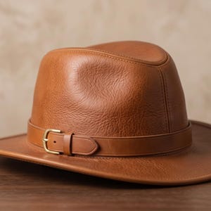 Może przedstawiać: Jasnobrązowy skórzany kapelusz typu fedora o teksturowanej powierzchni, wyposażony w pasujący skórzany pasek z metalową klamrą w kolorze złotym. Kapelusz posiada uformowaną główkę z centralnym wgłębieniem oraz szerokie, lekko zakrzywione rondo.