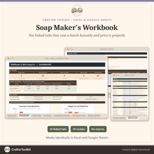 Könnte beinhalten: Eine digitale Tabellenkalkulations-Arbeitsmappe mit dem Titel Soap Maker's Workbook für Excel und Google Sheets. Die Benutzeroberfläche zeigt ein Dashboard mit Produktökonomie, Chargenkosten und Gewinnspannen über zehn verknüpfte Registerkarten.