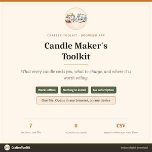 May include: A digital product interface titled Candle Maker's Toolkit, featuring text that reads: What every candle costs you, what to charge, and where it is worth selling. Includes buttons for Works offline, Nothing to install, No subscription, and One file. Opens in any browser, on any device, plus 7 sections, 0 accounts to create, and CSV exports.