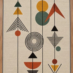 May include: A rectangular area rug with a cream-colored background featuring a pattern of vertical black lines intersected by geometric shapes including circles, triangles, and semi-circles in shades of mustard yellow, teal, rust orange, and black.