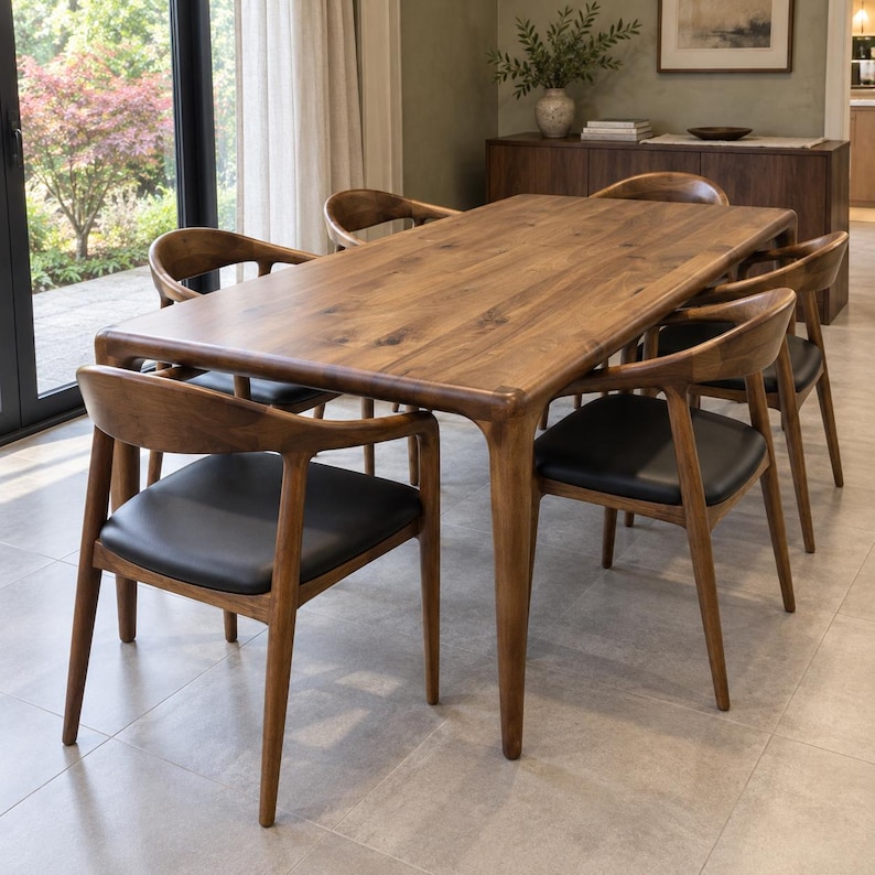 Opposite three-quarter view showing the rounded tabletop and tapered corner legs. Styled with walnut chairs and black seats. This listing includes the dining table only; chairs and decorative accessories are not included.