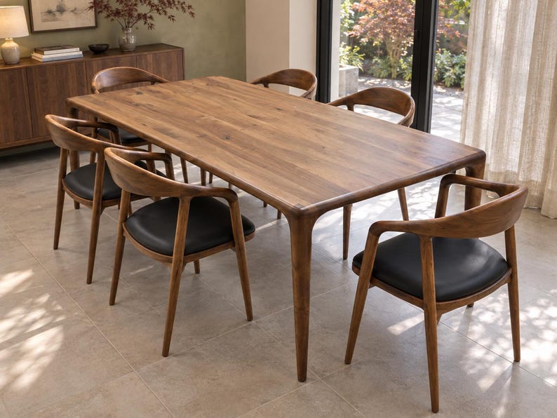 Three-quarter view showing the rounded walnut table in an olive-toned garden dining room. Styled with walnut chairs and black seats. This listing includes the dining table only; chairs and decorative accessories are not included.