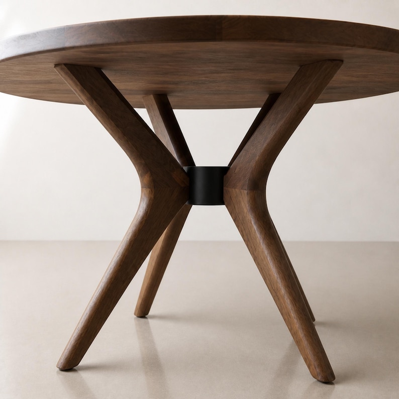 Close construction detail of the black center collar and eight radial walnut arm segments