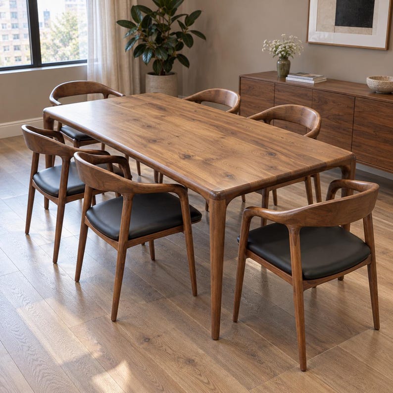 Three-quarter view in a neutral residence dining room with oak parquet. Styled with walnut chairs and black seats. This listing includes the dining table only; chairs and decorative accessories are not included.