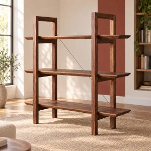May include: A three-tier wooden bookshelf featuring a dark brown finish with a visible wood grain. The structure consists of two vertical rectangular frames connected by three horizontal shelves and a thin diagonal metal support brace.