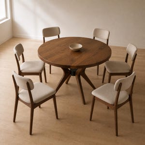 Six-chair scale view of the representative 120 cm round solid walnut dining table