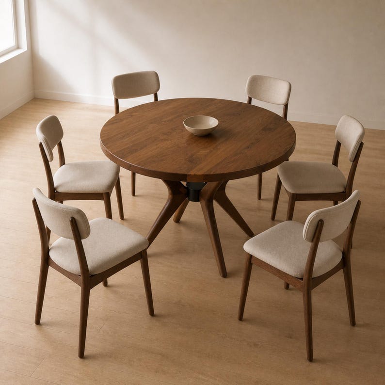 Six-chair scale view of the representative 120 cm round solid walnut dining table