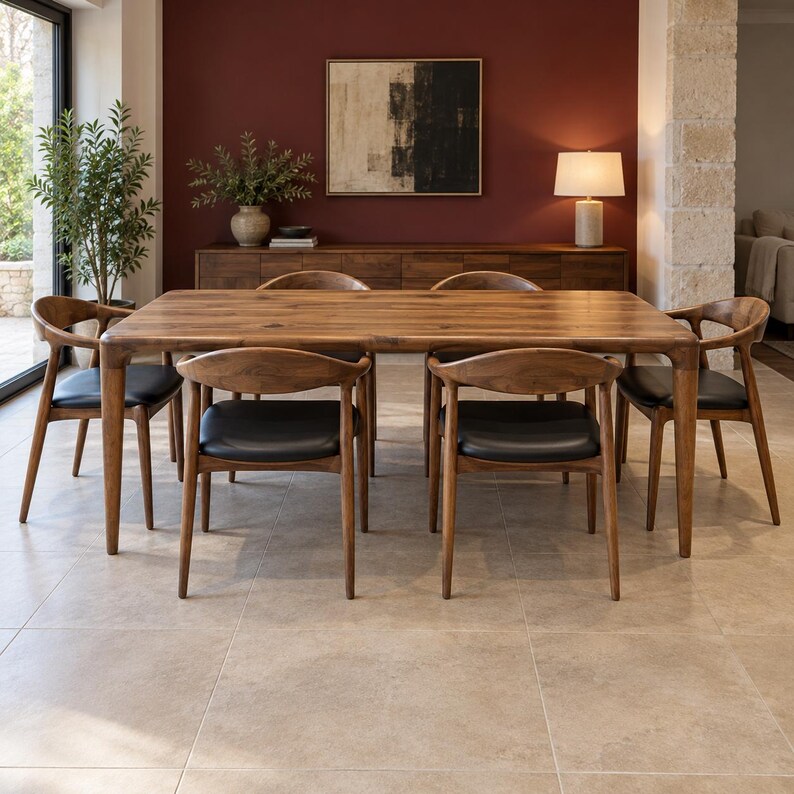 Centered long-side view in a dining room with a muted burgundy wall and ceramic floor. Styled with walnut chairs and black seats. This listing includes the dining table only; chairs and decorative accessories are not included.