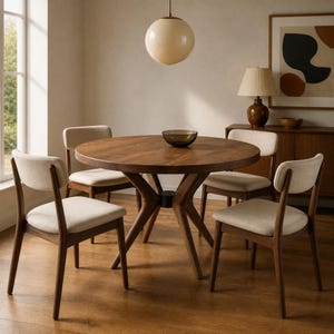 May include: A round wooden dining table with a dark brown finish and four matching chairs featuring light beige upholstered seats and backrests. The table has a central pedestal base with angled legs, and a dark glass bowl sits in the center.