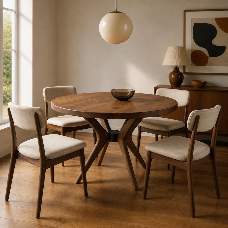 Round walnut table with four ivory chairs in a warm refined mid-century apartment