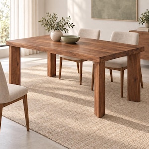 May include: A rectangular wooden dining table with a natural brown grain finish and four thick, straight legs. The table is accompanied by four upholstered chairs with light beige fabric seats and wooden legs, arranged around the table.
