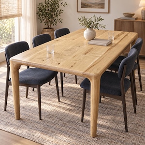 May include: A rectangular light wood dining table with rounded corners and four thick legs, accompanied by six chairs featuring dark charcoal fabric upholstery, dark wood frames, and curved backrests, arranged around the table surface.