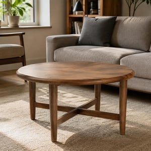 Könnte beinhalten: Ein runder Couchtisch aus mittelbraunem Holz mit einer glatten, kreisförmigen Tischplatte und vier stabilen, leicht konisch zulaufenden Beinen, die durch eine zentrale Kreuzstrebe unter dem Hauptrahmen verbunden sind.