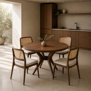 Round walnut table with four cane-back chairs in a warm contemporary kitchen dining area