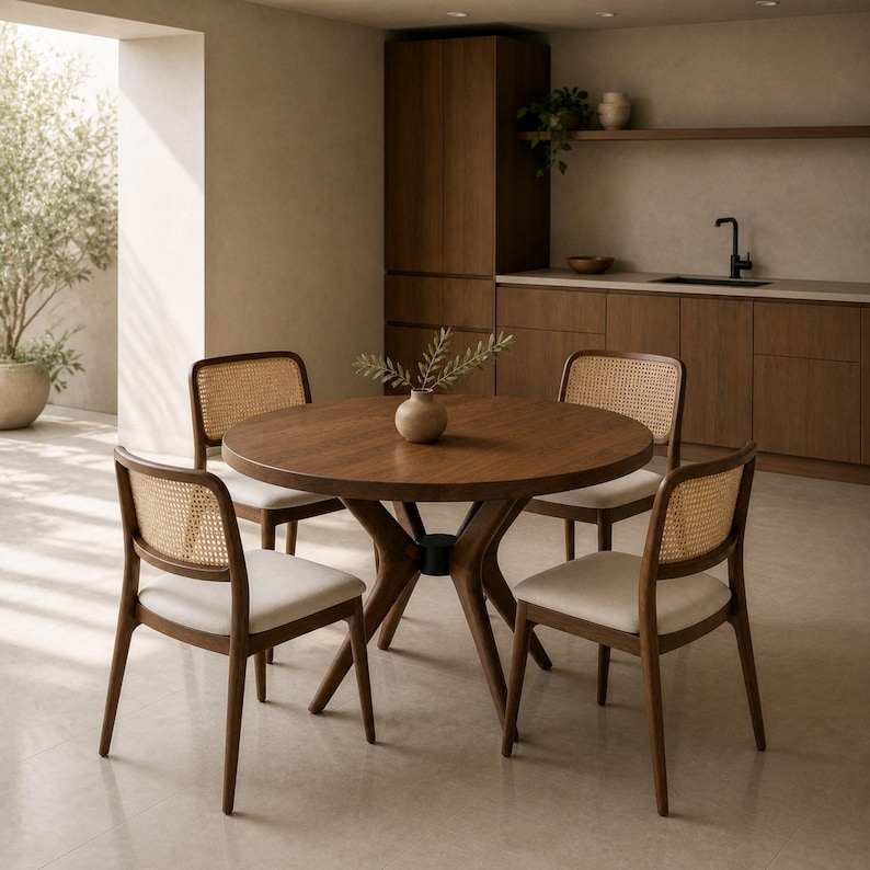 Round walnut table with four cane-back chairs in a warm contemporary kitchen dining area