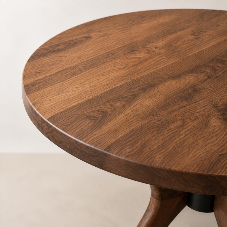 Macro detail of warm solid walnut panel grain and the softly rounded darker circular edge