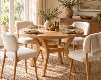 Round Chestnut Dining Table, Kitchen Table — Handmade & Handcrafted; Sculptural Four-Leg Base