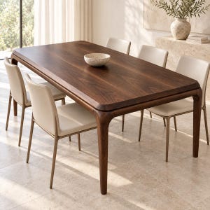 Pode incluir: Uma mesa de jantar retangular de madeira escura com cantos arredondados e quatro pernas cónicas, acompanhada por seis cadeiras com assentos e encostos estofados em cor creme, com uma pequena taça salpicada no centro da mesa.
