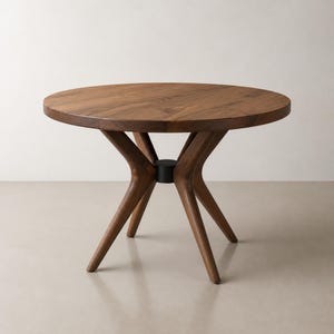 Round solid walnut dining table with a radial wood base and compact black central collar on a warm studio set