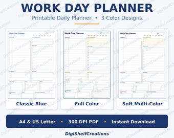 Printable Work Day Planner, Daily To Do List, Work Schedule Template, Meeting & Task Tracker, Productivity Planner PDF, Instant Download