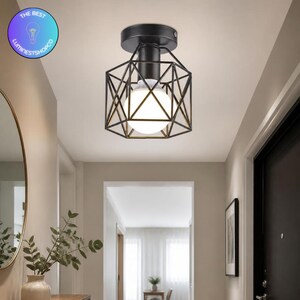 Black Industrial Ceiling Light, Geometric Cage Flush Mount, E27 Light Fixture, Farmhouse Entryway Hallway Kitchen Lighting