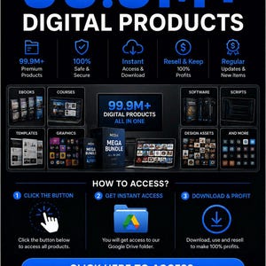 Può includere: Un annuncio digitale con il testo CLICK HERE TO ACCESS ALL 99.9M+ DIGITAL PRODUCTS. La grafica mostra varie icone per ebook, corsi, software, script, modelli e grafiche, insieme alle istruzioni per ottenere un accesso immediato.