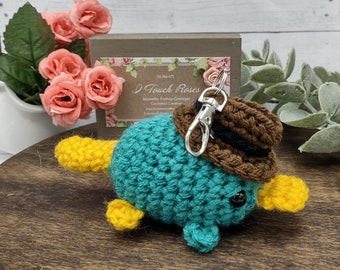 Amigurumi, crochet, platypus, plush, stuffed animal, tag along, key chain, Mother's Day gift