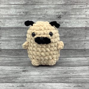 Crochet chenille pug stuffed animal, cute pug plush, amigurumi stuffed pug, gift for pug lover, sensory pug toy, dog lover gift