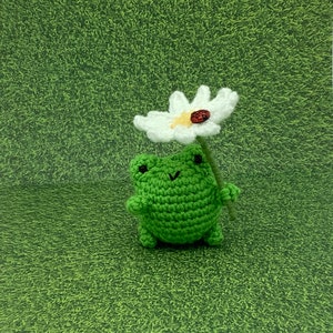 Amigurumi frog with daisy, crocheted frog, plushy, stuffed animal, crocheted animal, cute frog plush, crocheted frog, gift for them, unique