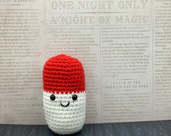 Amigurumi, crocheted, chill pill, happy pill, anxiety pill, plushy, stuffed animal