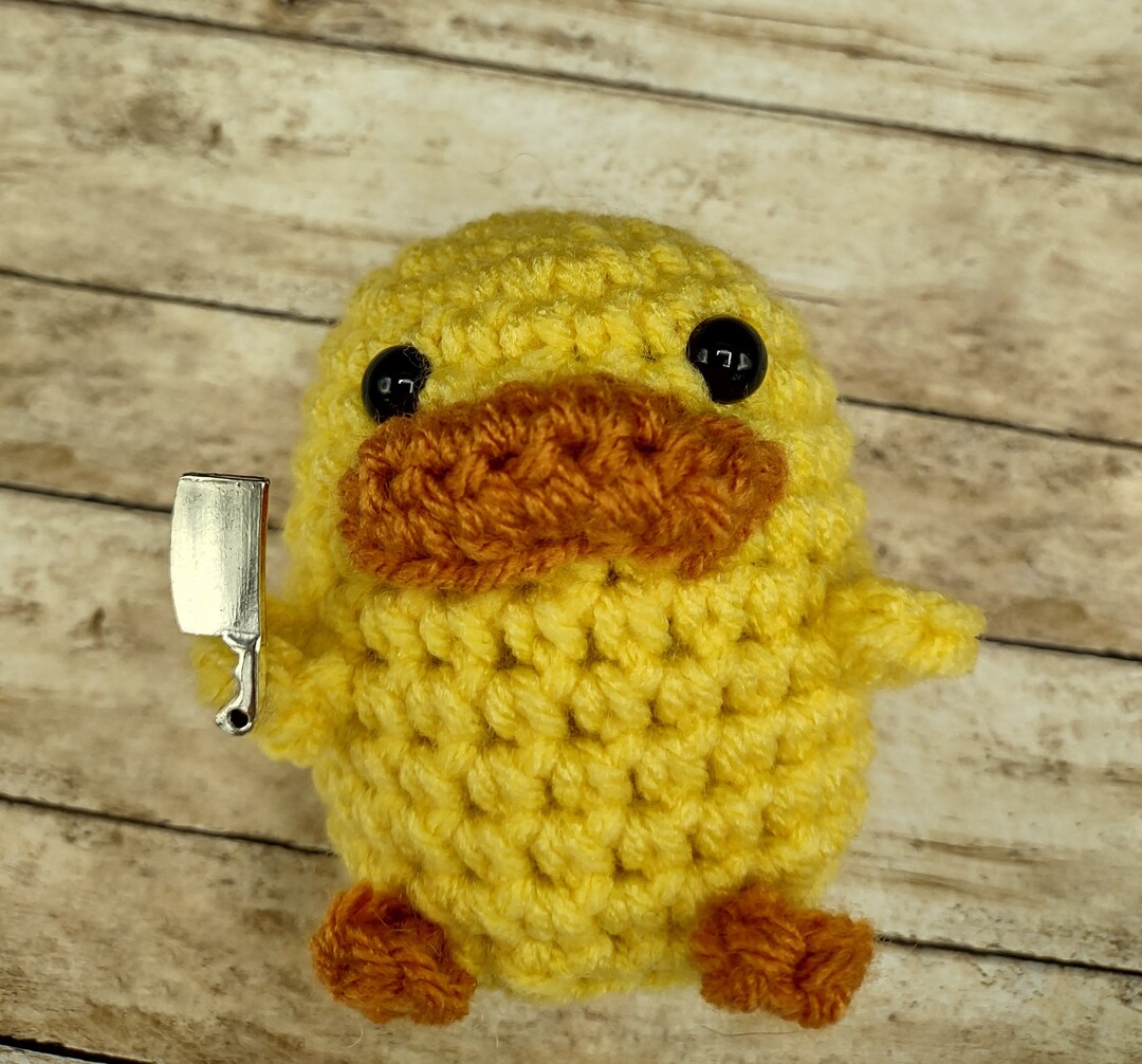 Amigurumi, Crocheted Duck With Knife, Plushie, Stuffed Animal