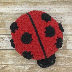 May include: A red and black crocheted ladybug plush toy. The ladybug has black spots and a black head with green eyes.