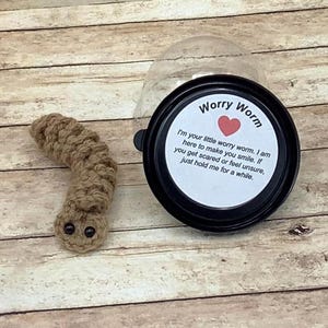 May include: A small brown crocheted worry worm with googly eyes in a clear plastic container with a black lid. The lid has a white label with the text "Worry Worm" and a red heart. The label also includes the text "I'm your little worry worm. I am here to make you smile. If you get scared or feel unsure, just hold me for a while."