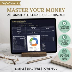 May include: A tablet displaying an automated personal budget tracker titled Master Your Money by NuvoraSheets. The screen shows financial data, expense categories, and a pie chart. The tablet rests on a wooden stand next to glasses and a stylus.