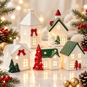 May include: A collection of five ceramic house-shaped luminaries featuring white walls, green or white roofs, and cut-out windows. The structures are decorated with red bows, green pine trees, a snowman figure, and red tree motifs, all illuminated from within.