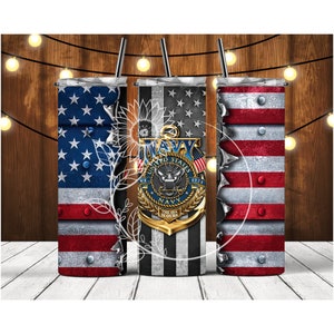 Navy Military Tumbler Skinny 20 Ounce Tumbler Stainless Steel Tumbler Drinkware American Flag