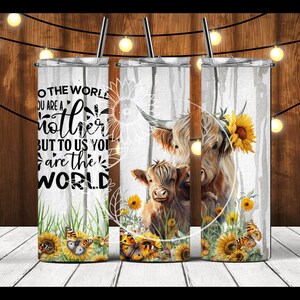 Highland Cow 20 Ounce Skinny Tumbler Sublimation Design Digital Download PNG Instant Digital Only Cute Highland Cow Mothers Day Sunflowers