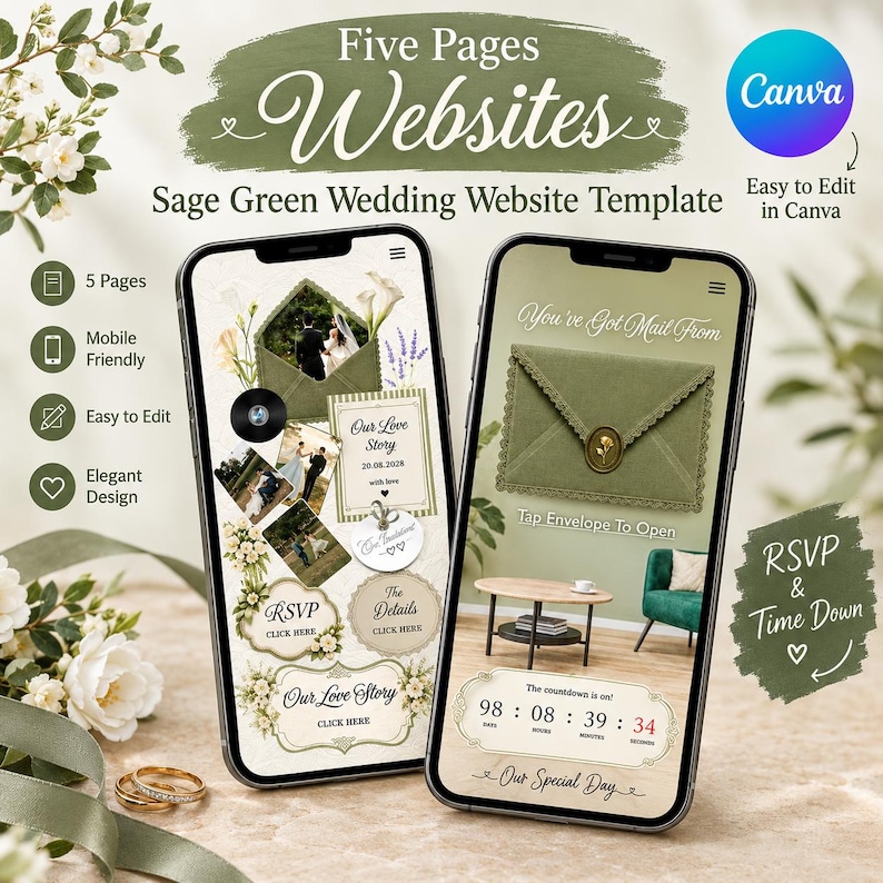 Sage Green Wedding Website Template, Editable Canva Wedding Invitation ...