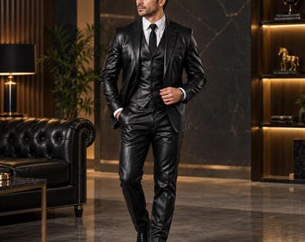 Schwarzer Herren-Dreiteiler aus Leder | Smokingjacke aus echtem Leder | Maßgeschneiderte Weste und Hose | Luxuriöser Anzug für formelle Hochzeiten