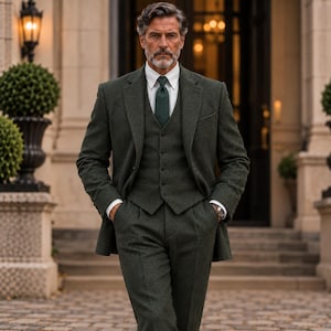 Olive Green 3-Piece Tweed Suit For Mens | Gatsby Style Groomsman Outfit | Vintage Inspired Tailored Suit