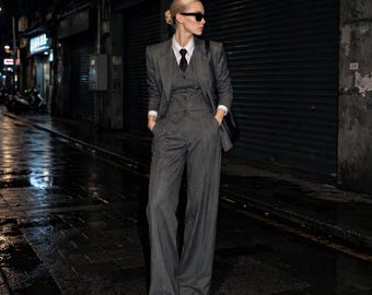 Grey 3 Piece Pantsuit For Women | Vintage Tailored Formal Business Suit | Waistcoat & Wide Leg Trousers | Custom Made Suit