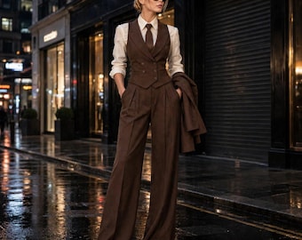 Chocolate Brown Women's 3 Piece Pantsuit | Double Breasted Waistcoat & Wide Leg Trousers | Vintage Tailored Business Suit